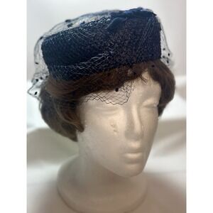 Union Made Women's Navy Hat With Netting on the open top/side. Union Made 1950's